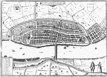 Kaart van Kampen in 1580 door Braun Hogenberg